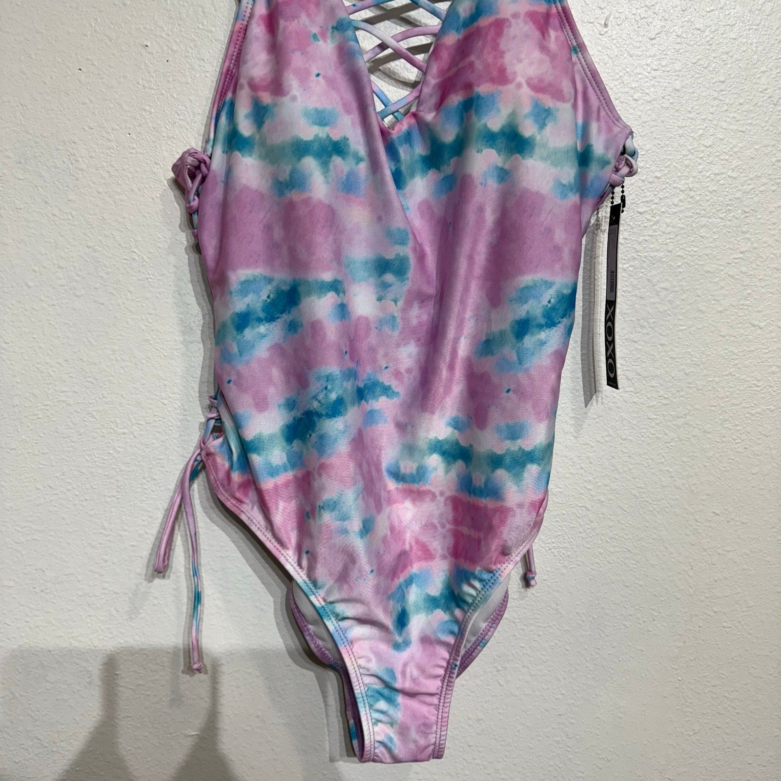 XOXO Pink Blue Tie Dye Plunge One Piece Swimsuit Sz XL NWT