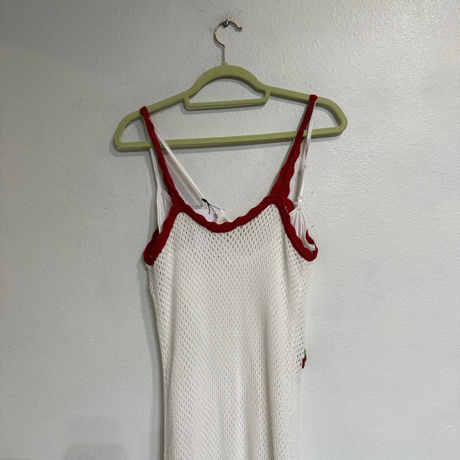 WAYF Cherry Appliqué Crochet Knit Maxi Dress Ivory Red Trim Sz L NWT