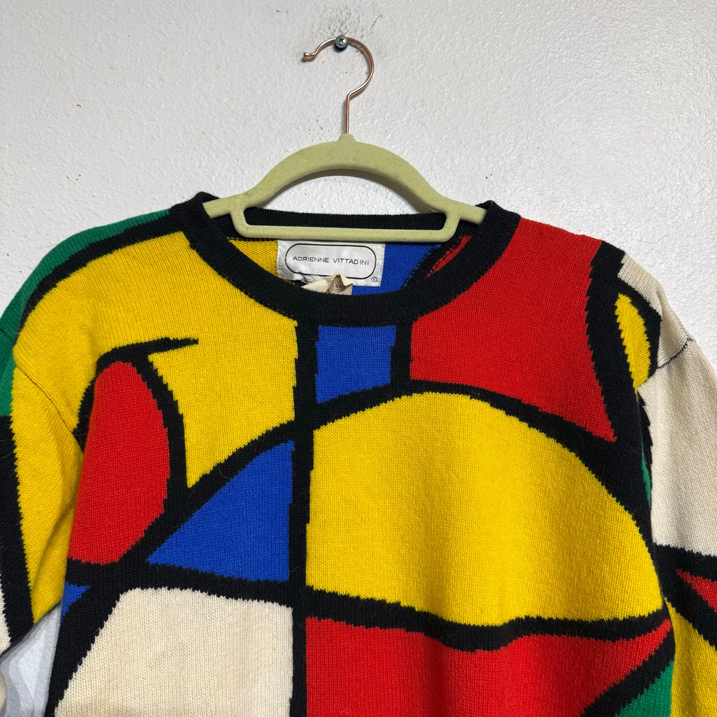 Adrienne Vittadini White Multicolor Geometric Abstract Knit Sweater Sz S NWT