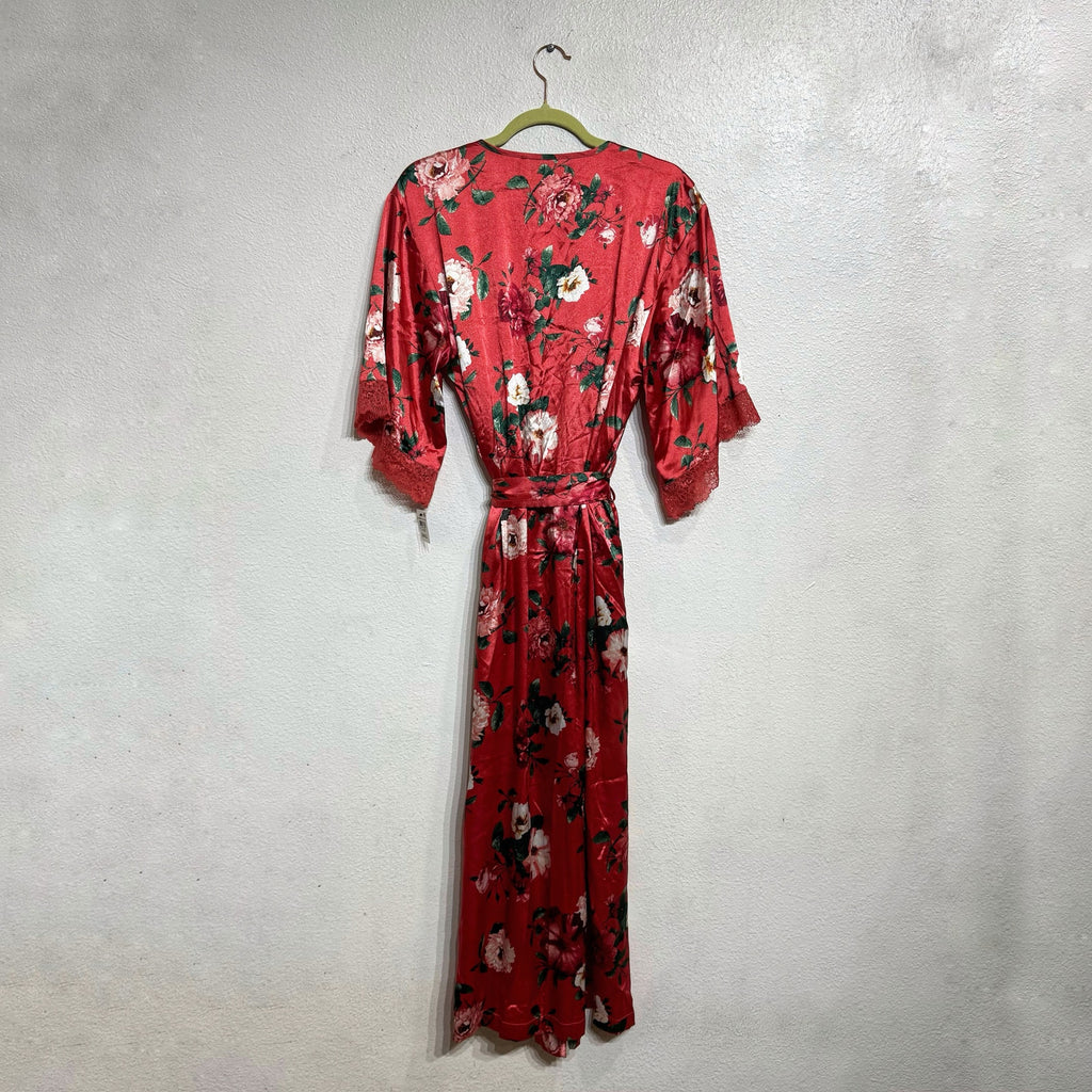 INC International Concepts Pink Floral Lace Trim Satin Robe Sz S NWT