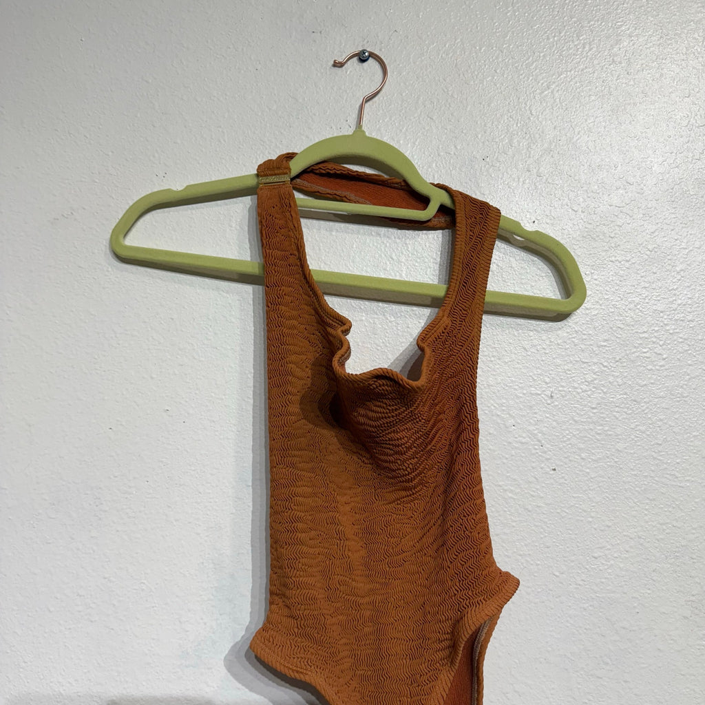 Cleonie Espresso Sculpture Mailout Smocked One Piece Swimsuit Sz O/S NWT