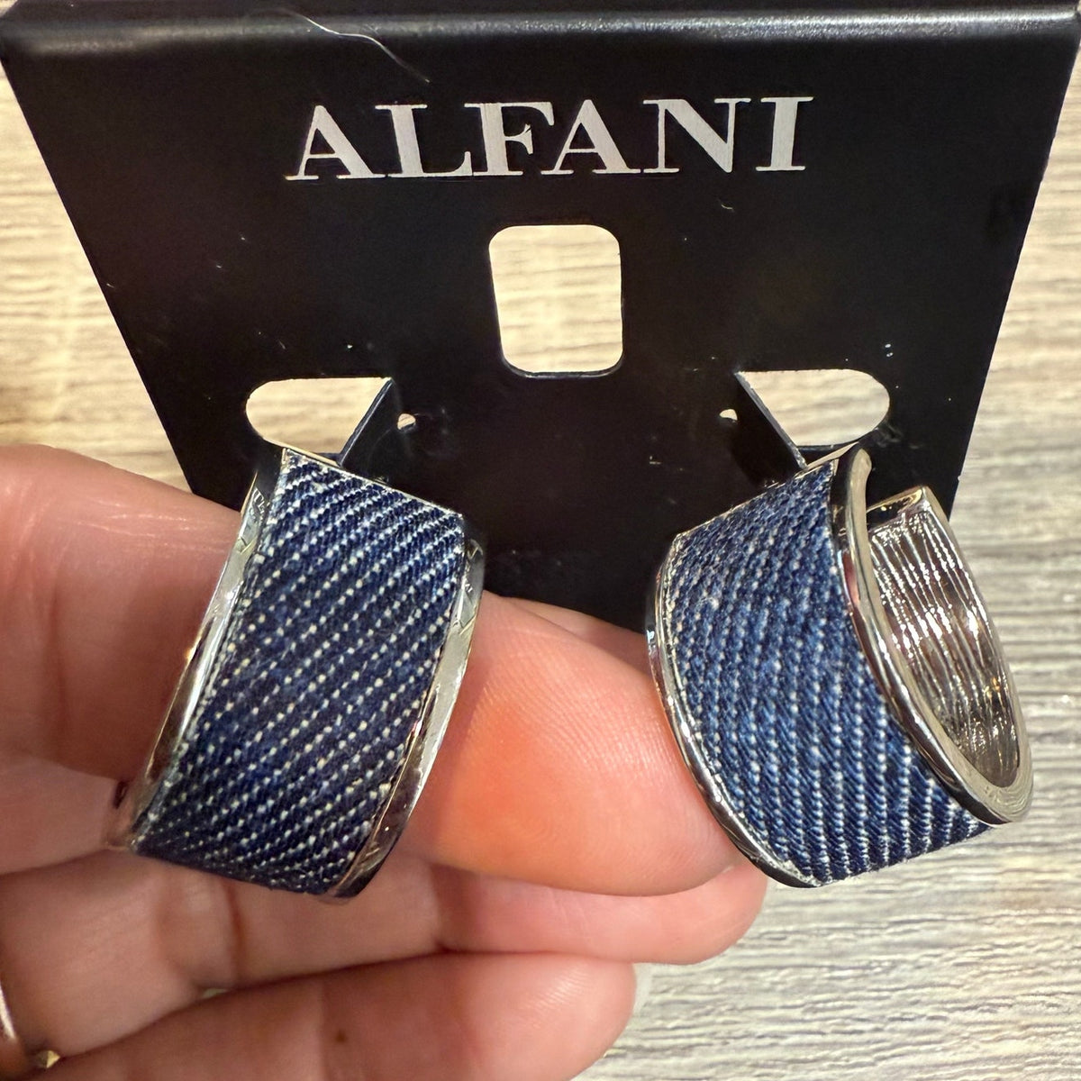 Alfani Silver Tone Denim Wrapped Wrangler Hoop Earrings NWT