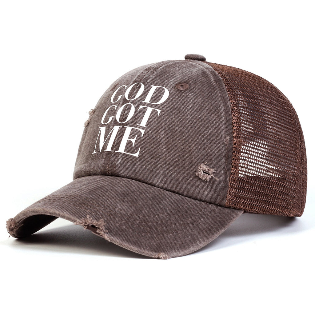 God Got Me Brown Distressed Faith Inspired Mesh Adjustable Trucker Hat NWOT