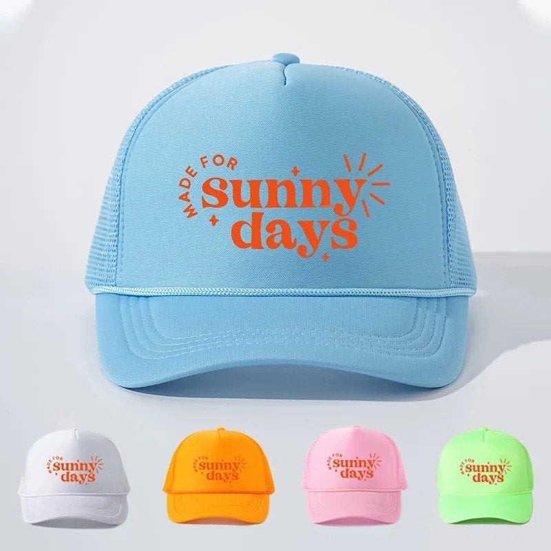 Made for Sunny Days Sky Blue Retro Summer Snapback Mesh Trucker Hat NWOT