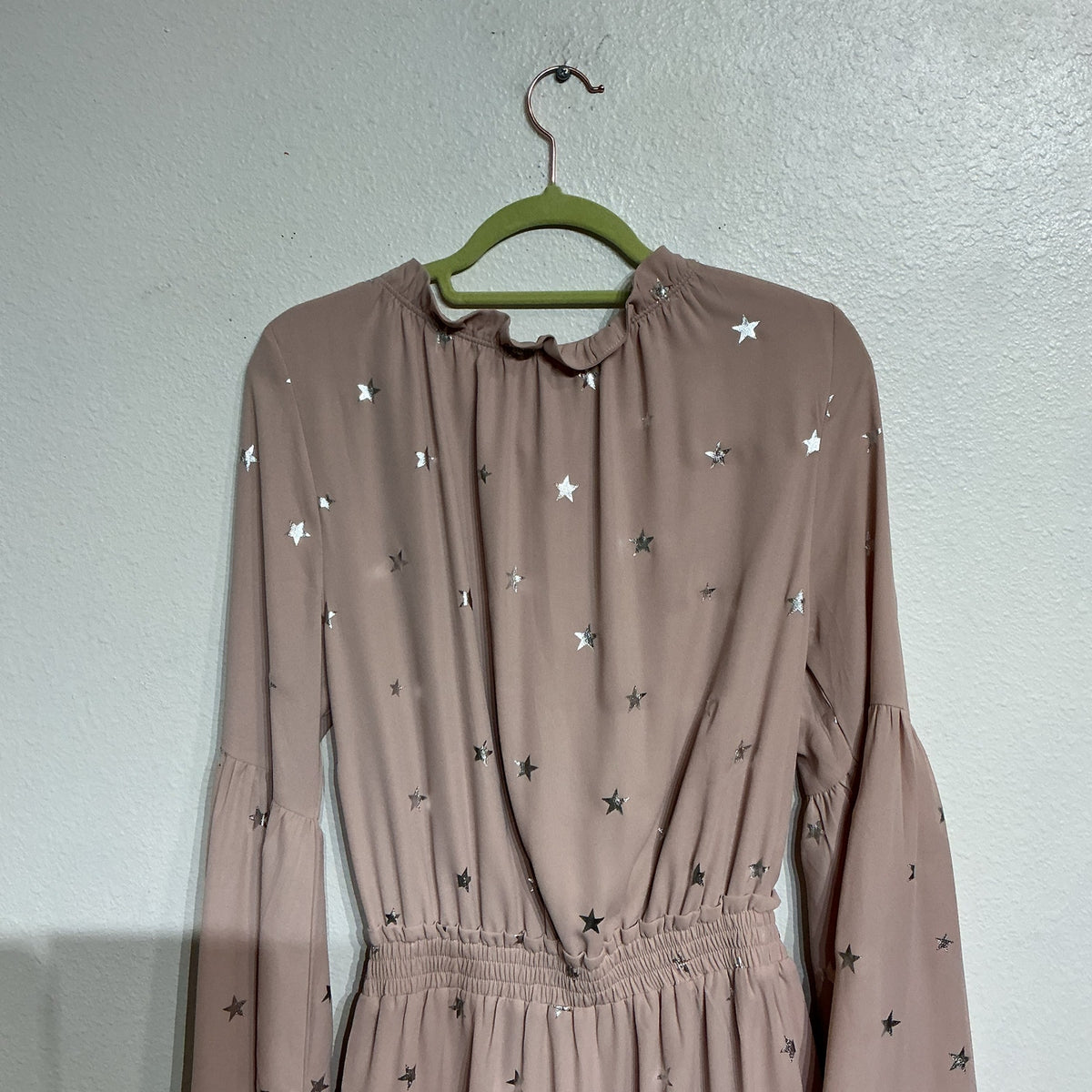 Buddy Love Pink Silver Metallic Star Bell Sleeve Dress Sz S NWT