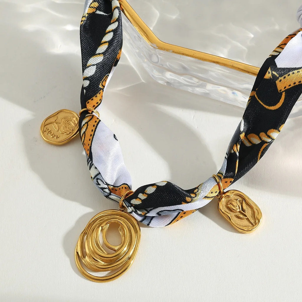 Chain Print Scarf Necklace Gold Spiral Pendant Statement Necklace NIB