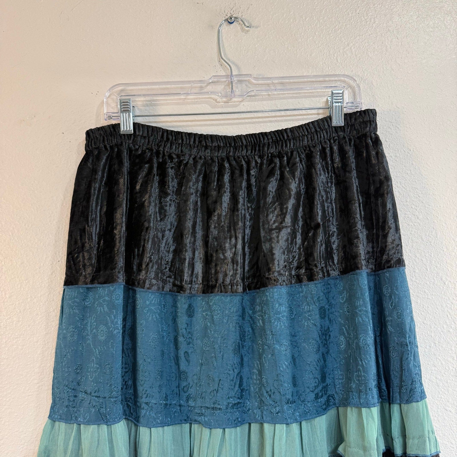 Agapo Teal Tiered Velvet Jacquard Boho Midi Skirt Sz S NWT