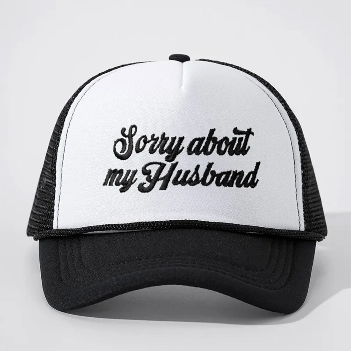 Sorry About My Husband Black White Mesh Embroidered Trucker Hat NWT