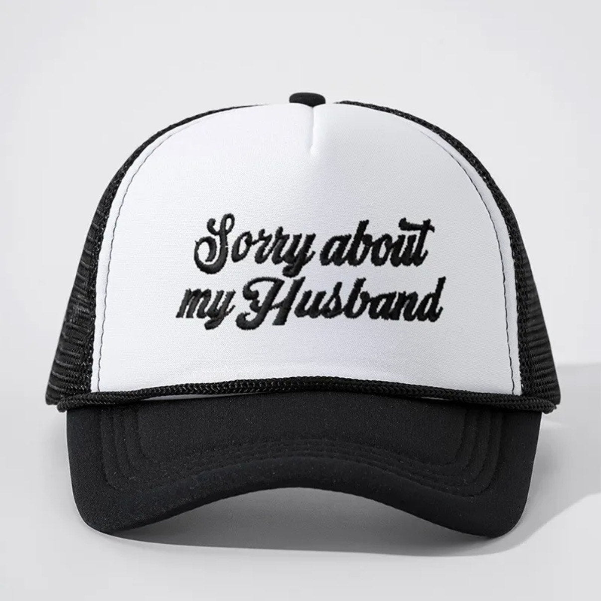 Sorry About My Husband Black White Mesh Embroidered Trucker Hat NWT