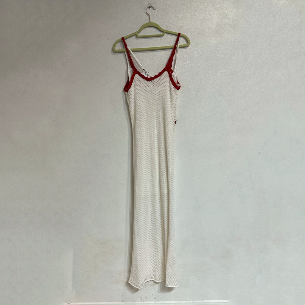 WAYF Cherry Appliqué Crochet Knit Maxi Dress Ivory Red Trim Sz L NWT