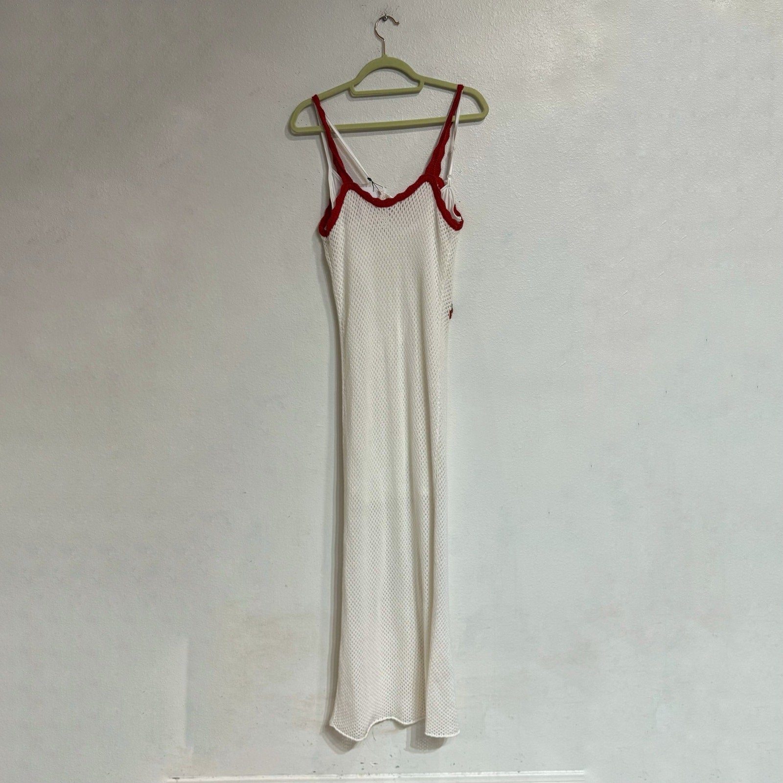 WAYF Cherry Appliqué Crochet Knit Maxi Dress Ivory Red Trim Sz L NWT