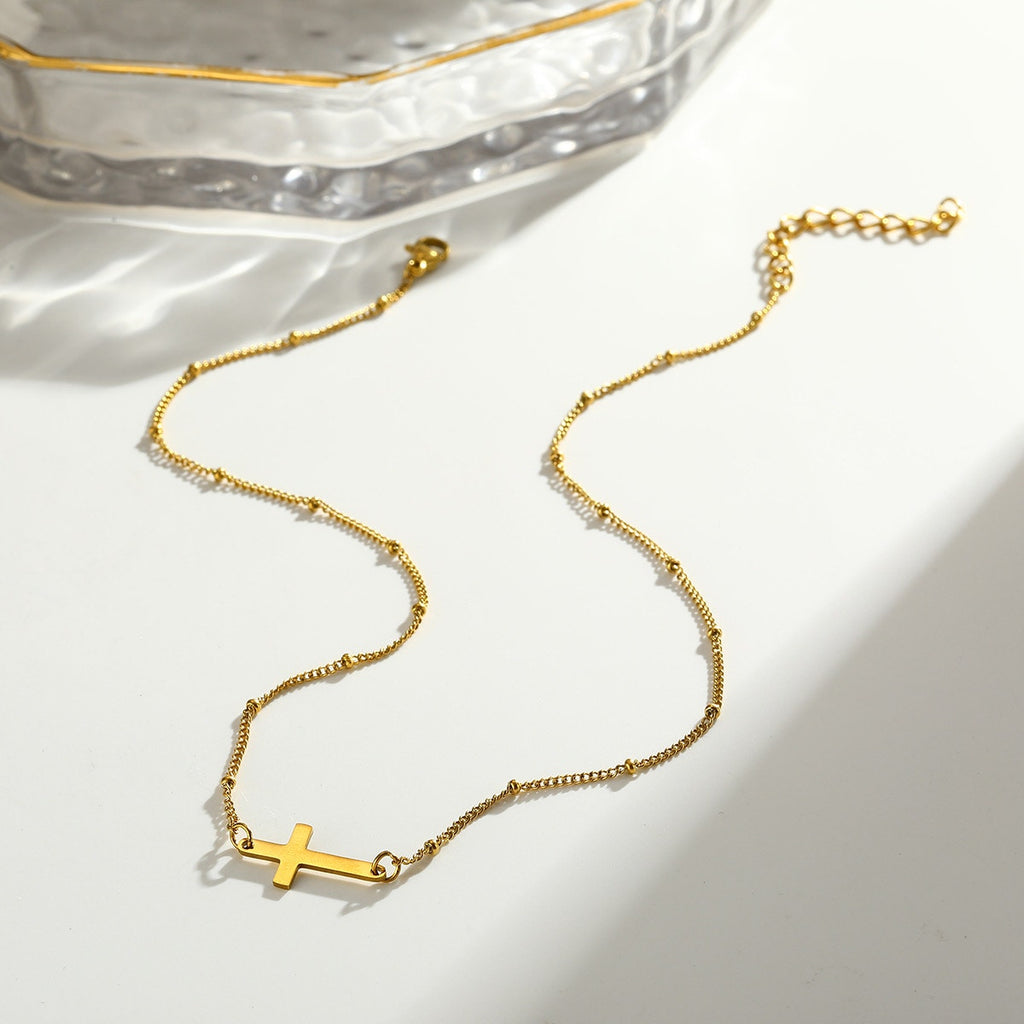 Gold Layered Sideways Cross Necklace Set 18K Gold Plated Stainless Steel NWT