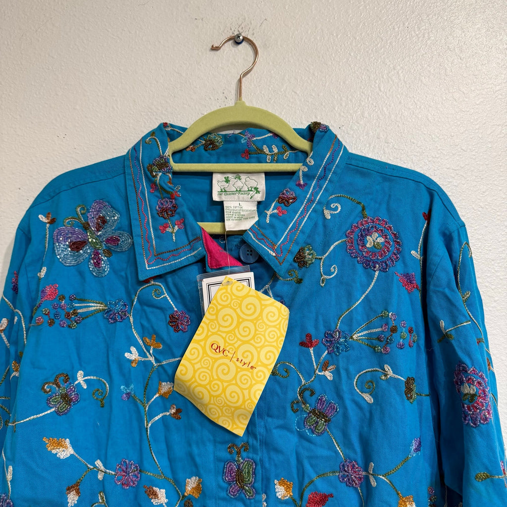 The Quacker Factory Blue Embroidered Beaded Boho Jacket Sz L NWT