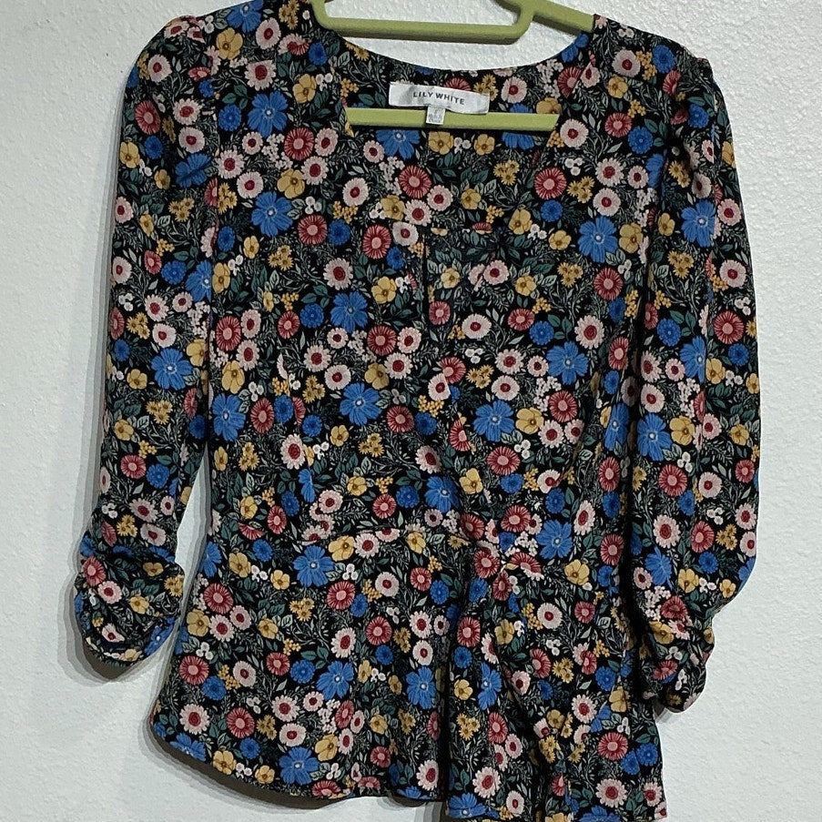 Lily White Black Floral Faux Wrap Peplum Blouse Sz S