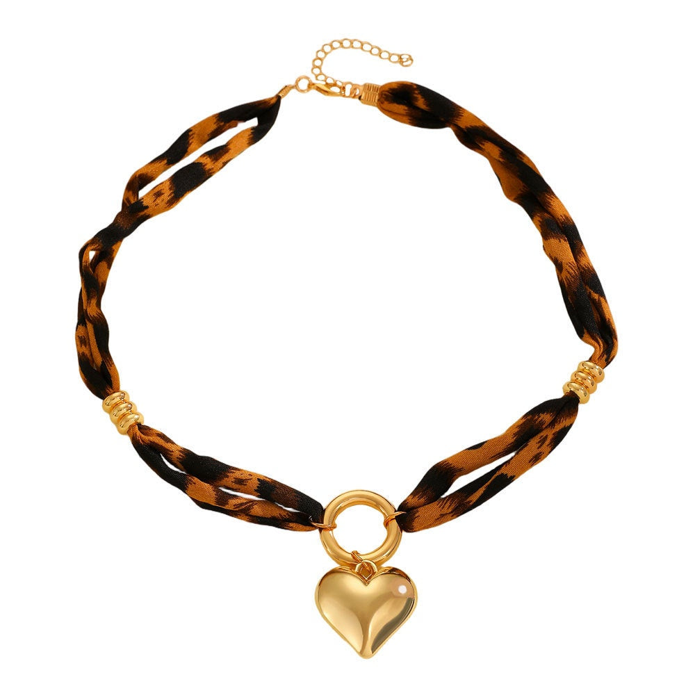 Leopard Print Scarf Necklace Gold Puffy Heart Pendant Statement Necklace NIB