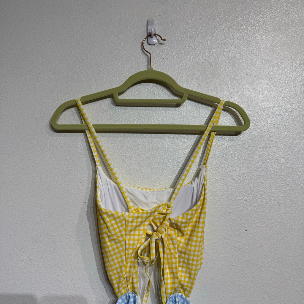 Aqua Swim Yellow Checkered Color Blocked Cut Out One Piece Swimsuit Sz S NWT