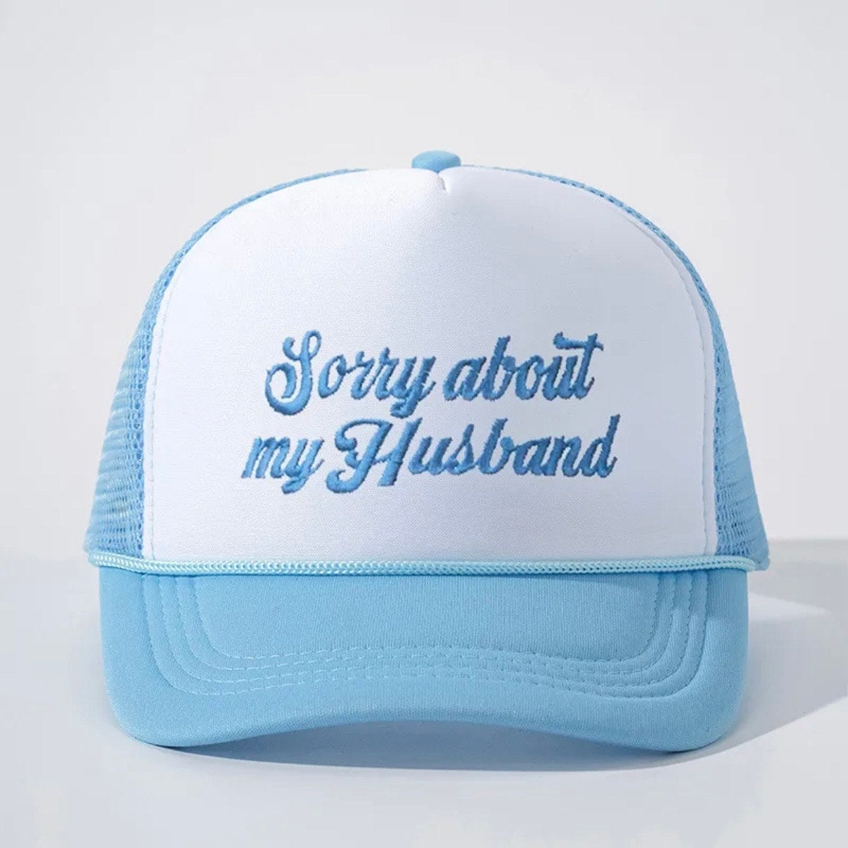 Sorry About My Husband Sky Blue White Mesh Embroidered Trucker Hat NWT