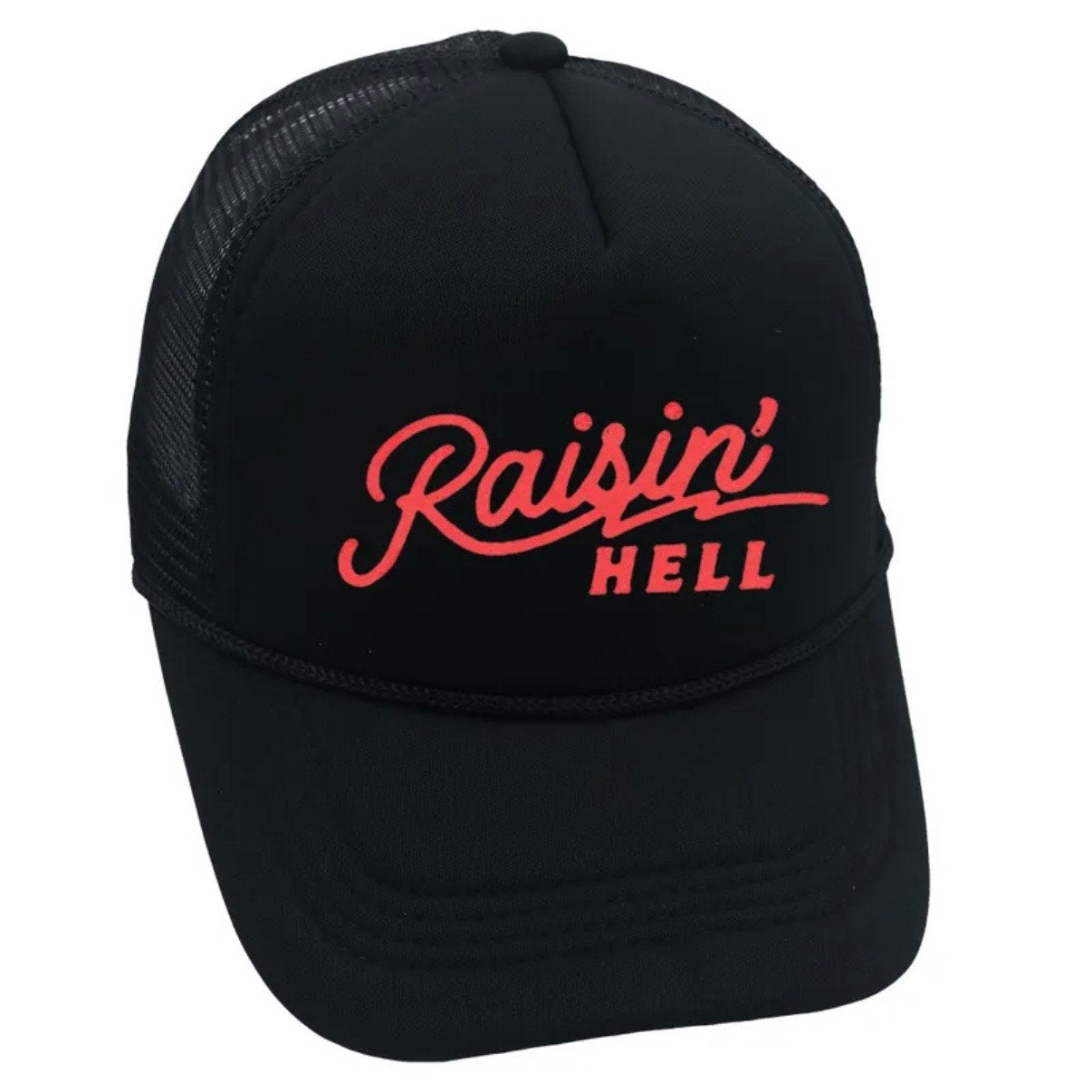 Raisin’ Hell Black Red Mesh Trucker Adjustable Snapback Hat NWT