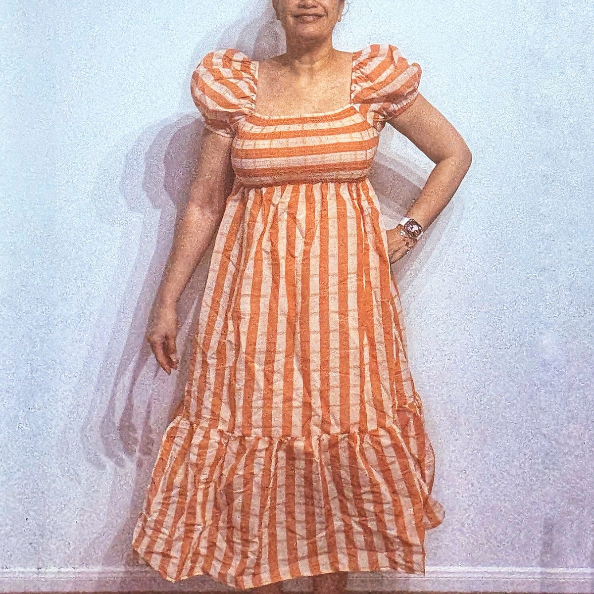 DRA Nicole Peach Striped Organza Midi Dress Sz M NWT