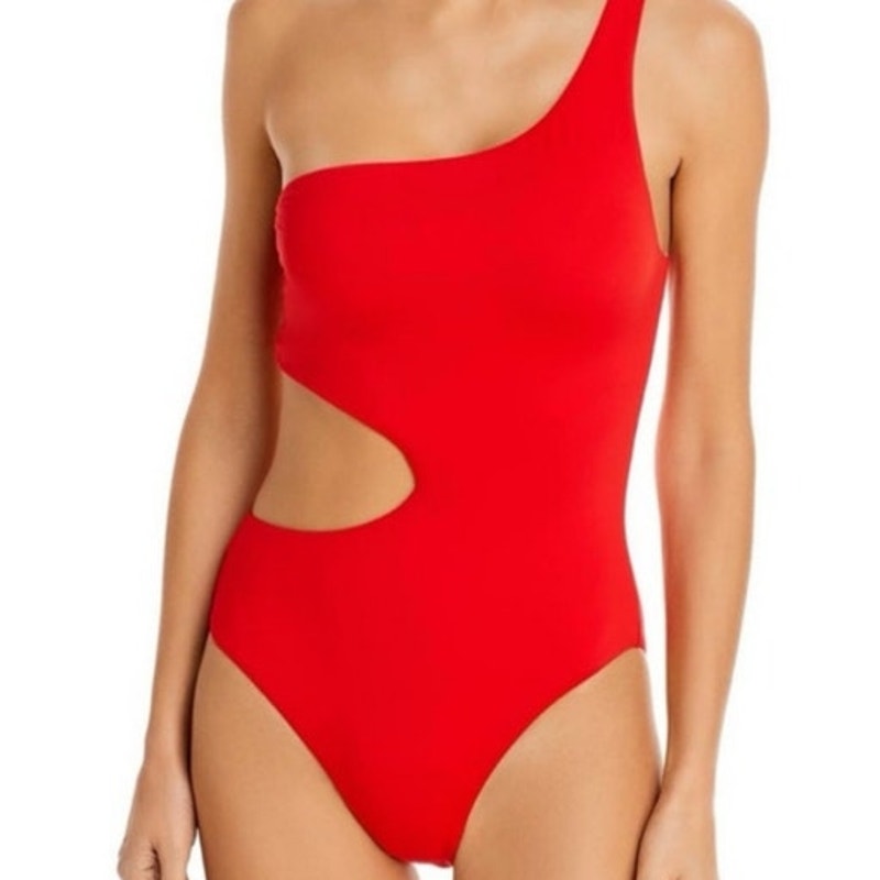 Aqua Red One Shoulder Cut Out One Piece Swimsuit Sz M NWT