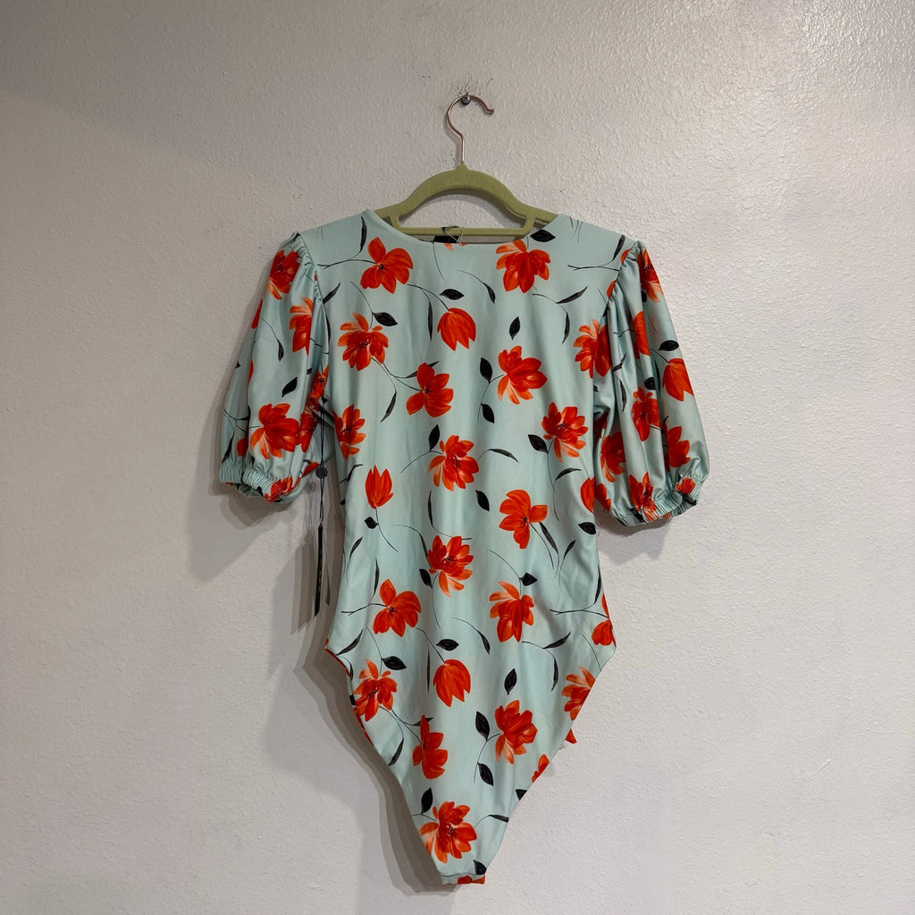 SAME Los Angeles x Free People Floral Tie Front Bodysuit Puff Sleeve Sz M NWT