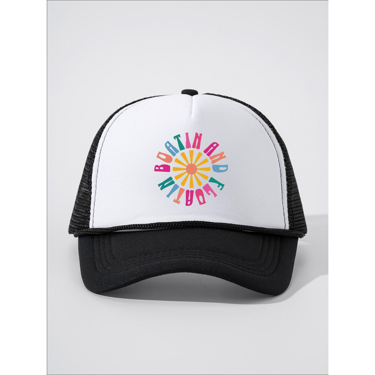 Boatin’ & Floatin’ Graphic Black & White Mesh Snapback Trucker Hat NWOT