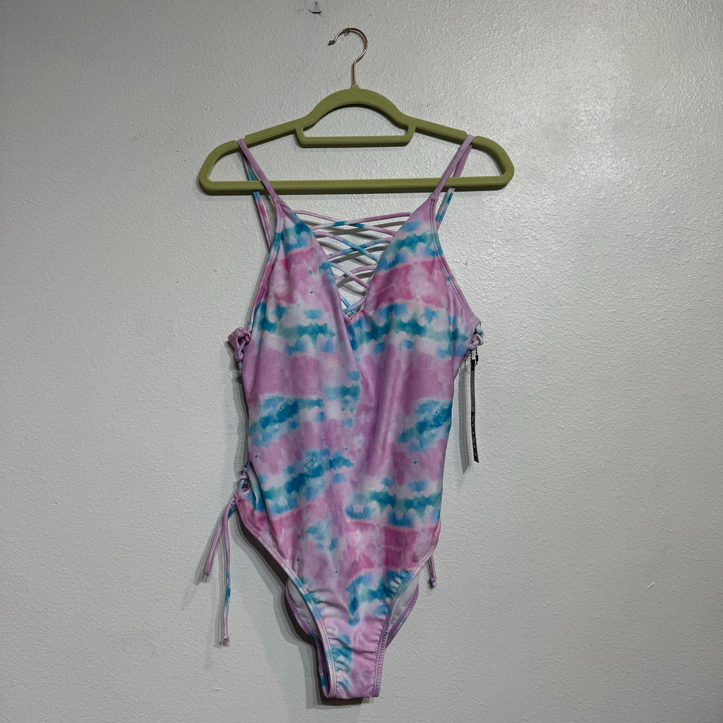 XOXO Pink Blue Tie Dye Plunge One Piece Swimsuit Sz XL NWT