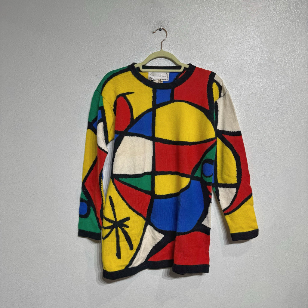 Adrienne Vittadini White Multicolor Geometric Abstract Knit Sweater Sz S NWT
