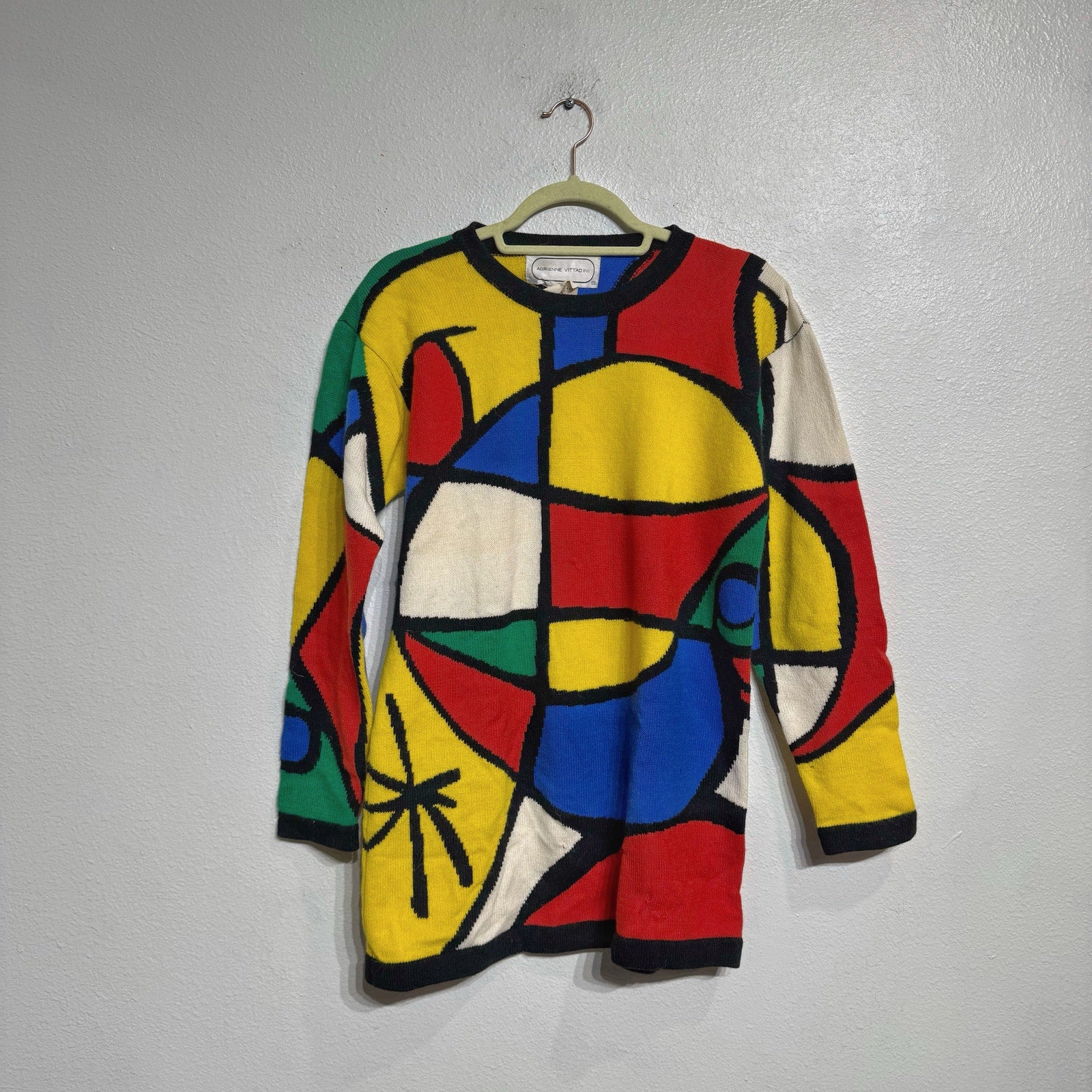 Adrienne Vittadini White Multicolor Geometric Abstract Knit Sweater Sz S NWT