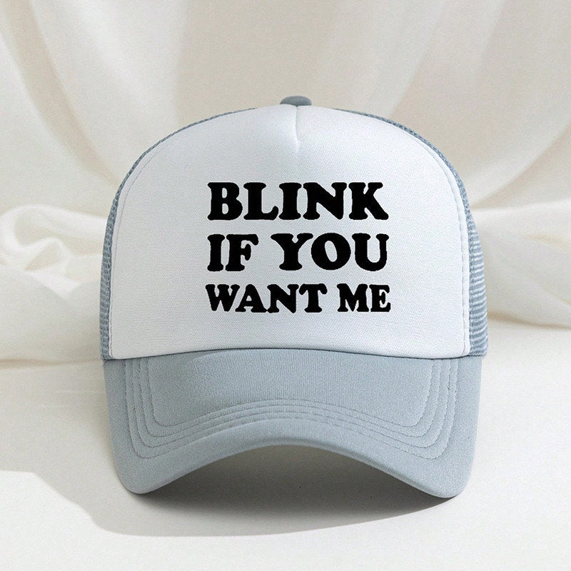 Blink If You Want Me Gray & White Mesh Adjustable Trucker Hat NWOT