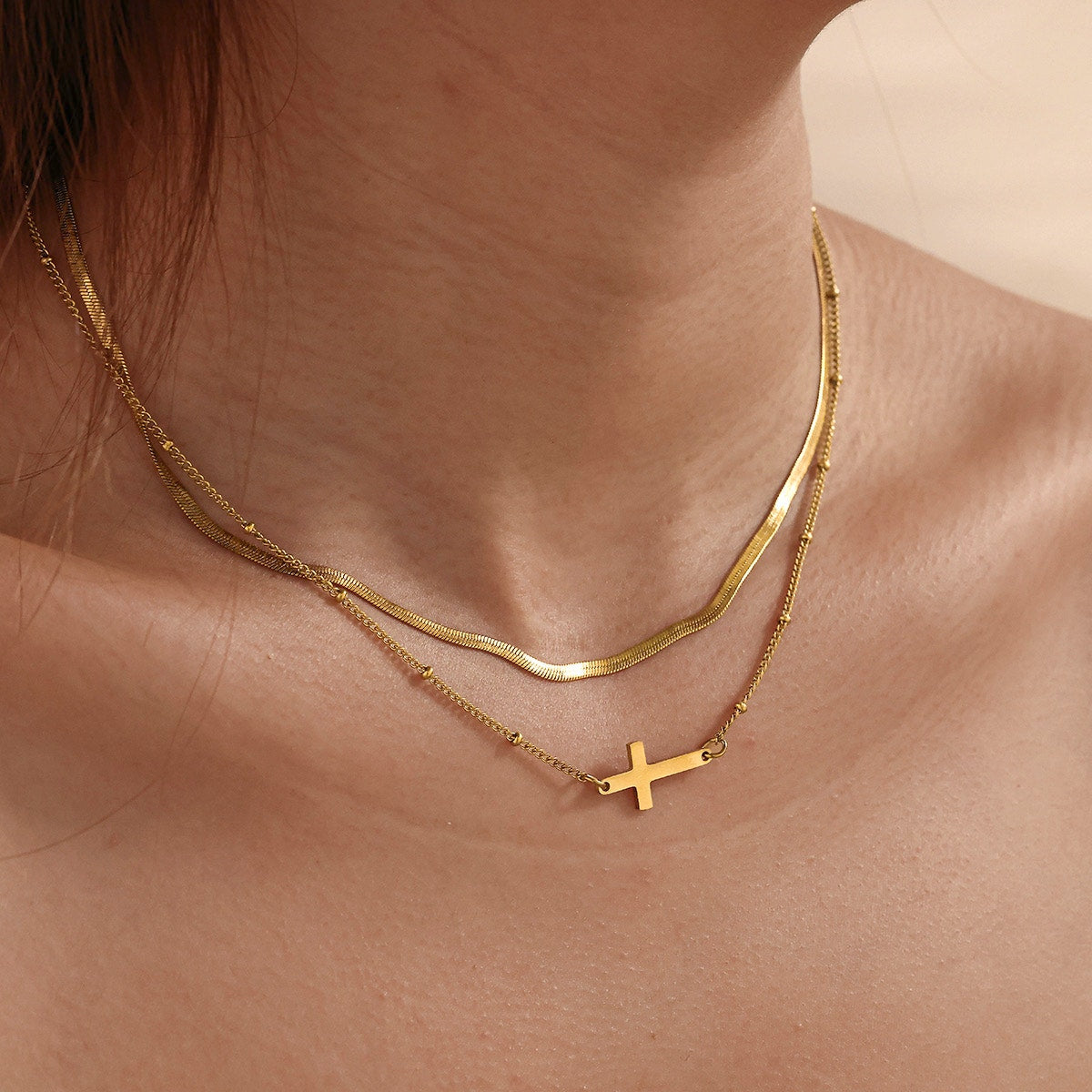 Gold Layered Sideways Cross Necklace Set 18K Gold Plated Stainless Steel NWT