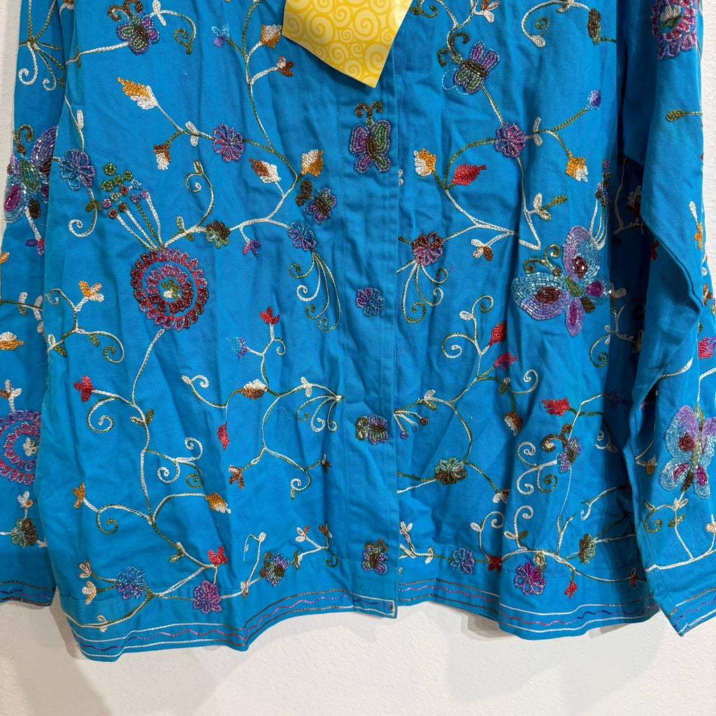 The Quacker Factory Blue Embroidered Beaded Boho Jacket Sz L NWT