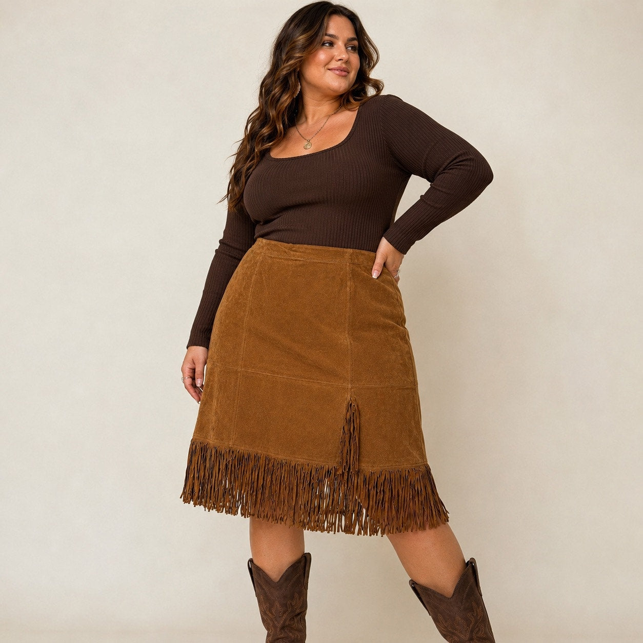 Christie & Jill Vintage Suede Leather Fringe Skirt Western 90s Brown Sz 2X NWT