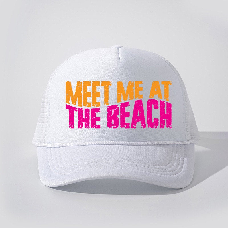 Meet Me at the Beach White Retro Summer Snapback Mesh Trucker Hat NWOT