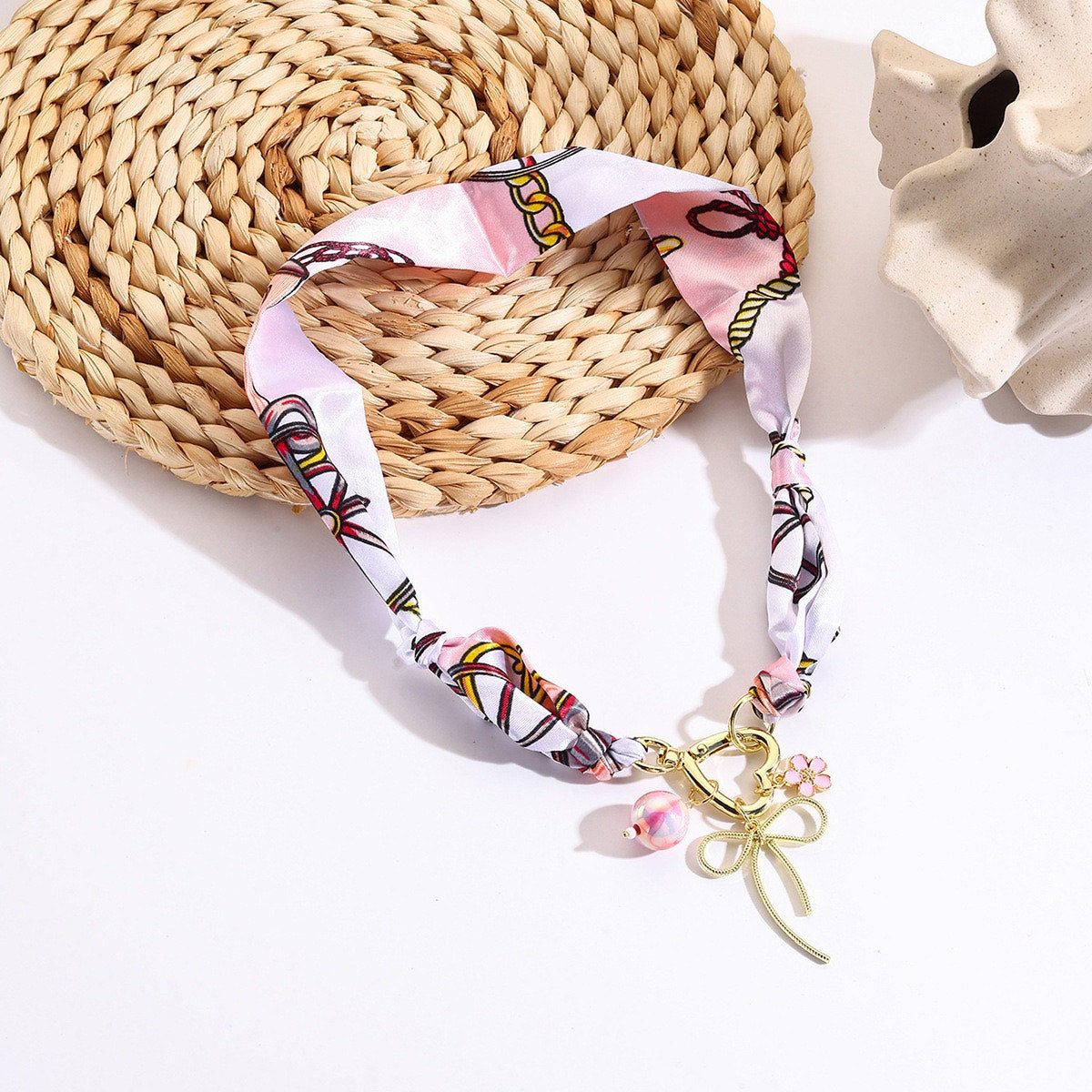Pink Scarf Necklace Bow Charm Heart Pendant Coquette Statement Necklace NIB