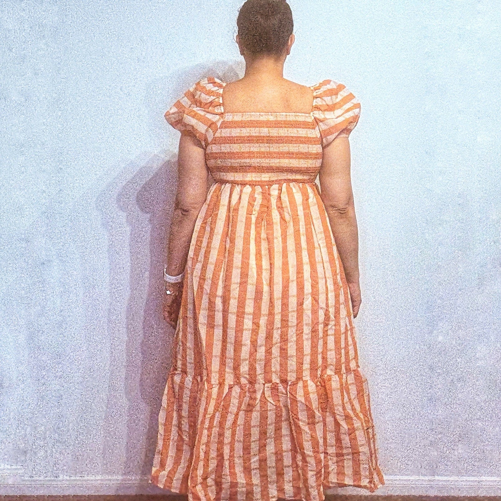 DRA Nicole Peach Striped Organza Midi Dress Sz M NWT