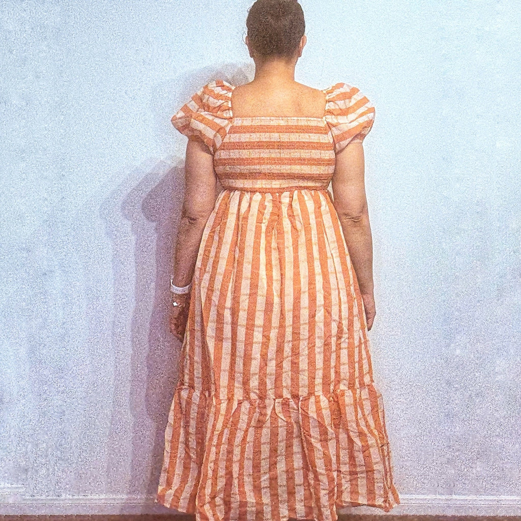 DRA Nicole Peach Striped Organza Midi Dress Sz M NWT
