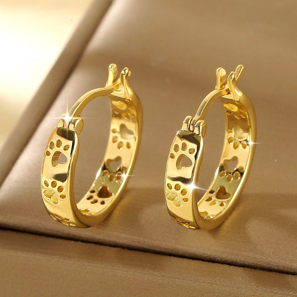Gold Retro Paw Print Hoop Earrings Pet Lover Huggie Hoops NWOT
