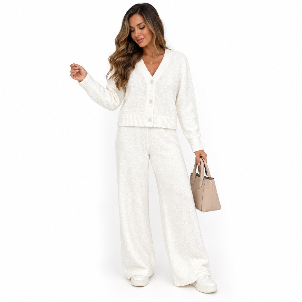 Magnolia Boutique Ivory Sherpa Lounge Set Cardigan Wide Leg Pants Sz L NWT