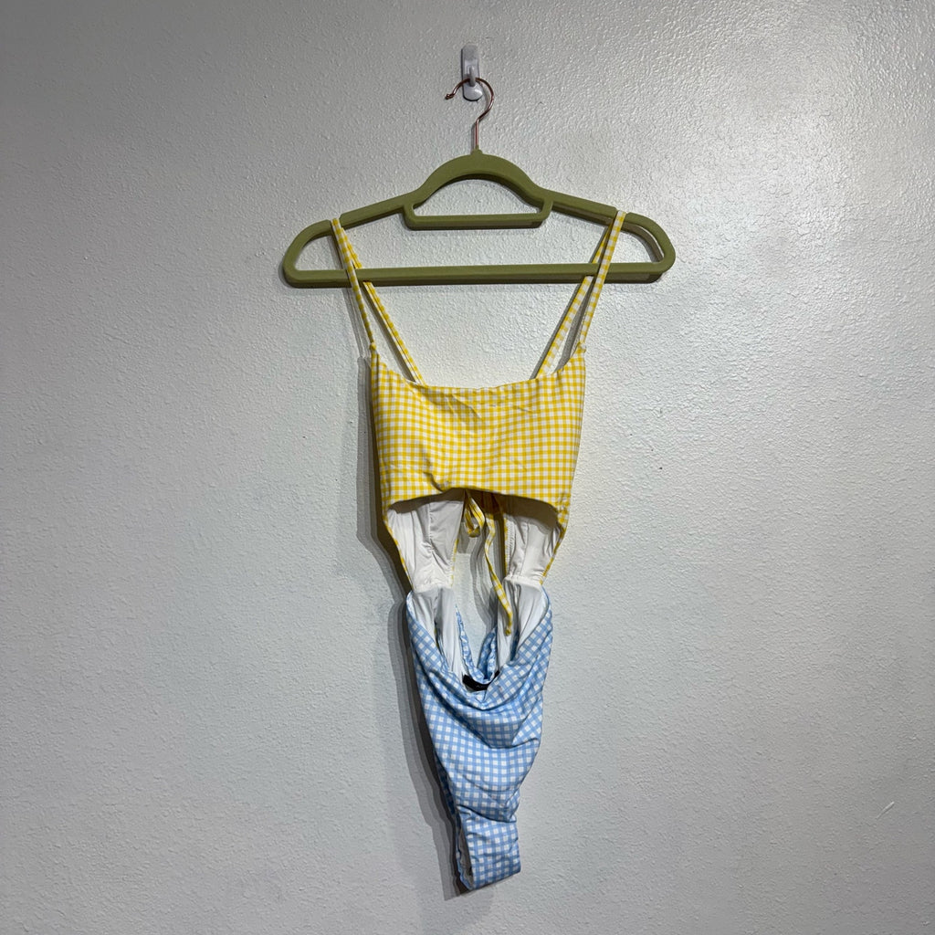 Aqua Swim Yellow Checkered Color Blocked Cut Out One Piece Swimsuit Sz S NWT