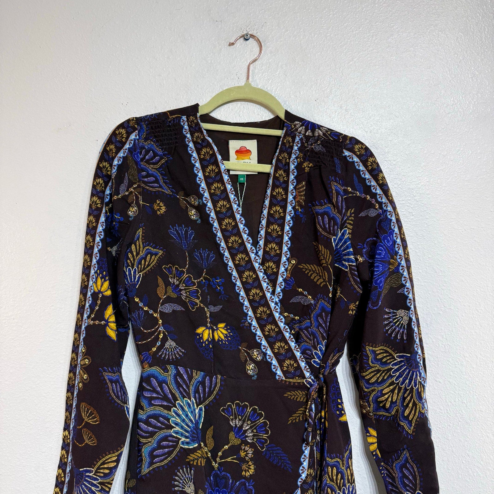 FARM Rio Brown Embroidered Garden Wrap Mini Dress Long Sleeve NWT Sz XS