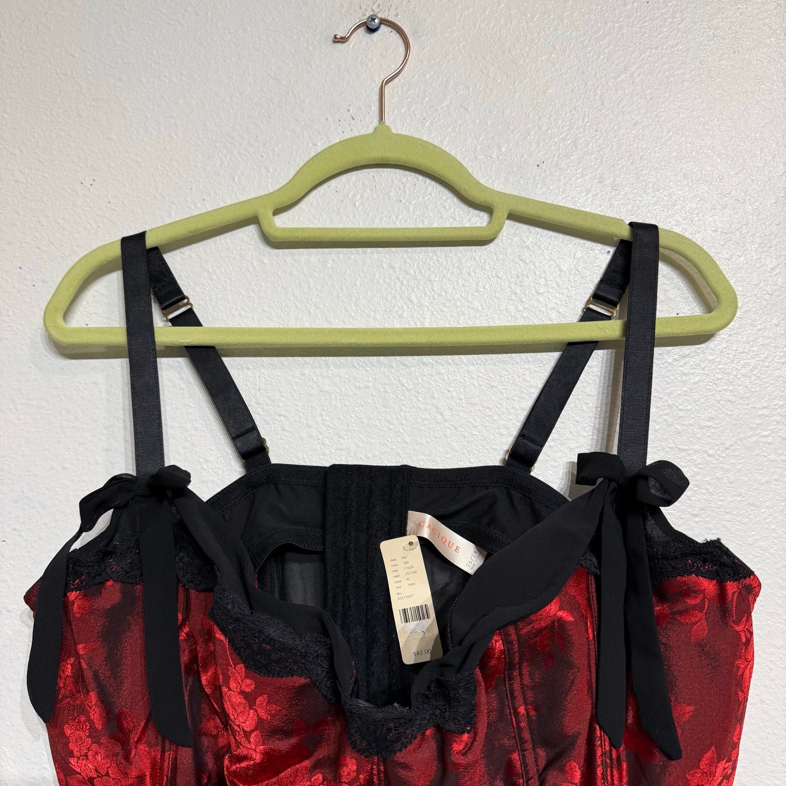 Cacique Red Floral Satin Corset Bustier Top With Garters Sz 26 NWT