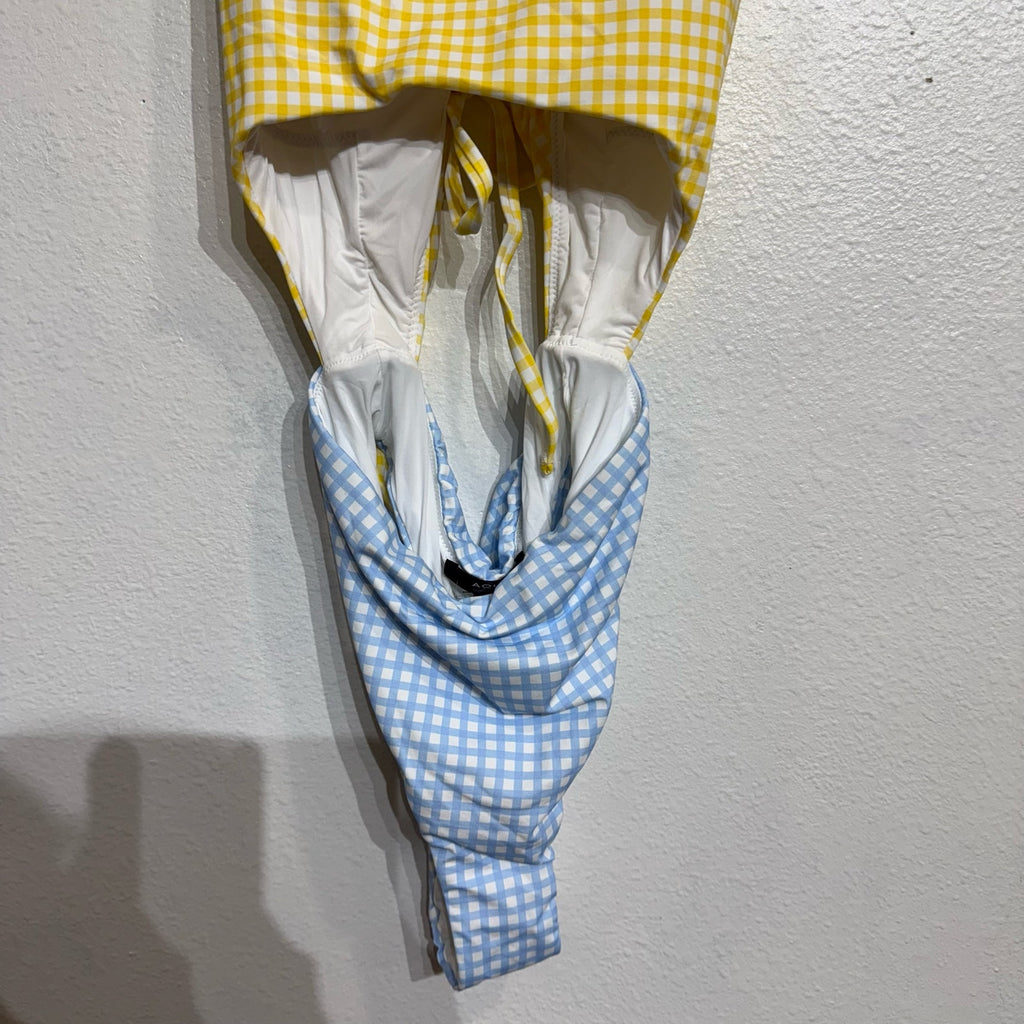 Aqua Swim Yellow Checkered Color Blocked Cut Out One Piece Swimsuit Sz S NWT