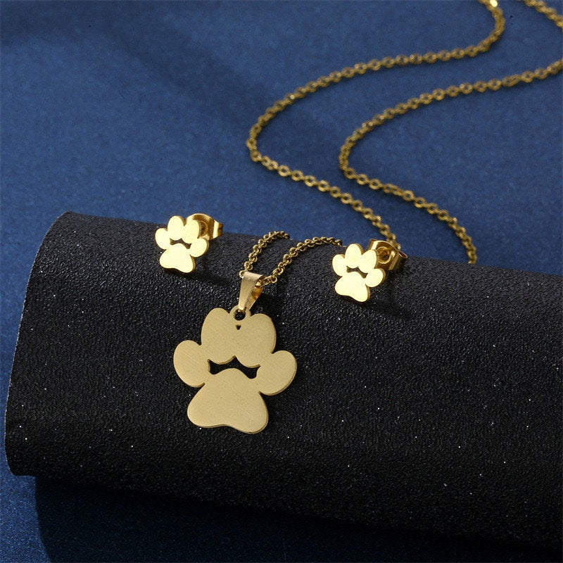 Gold Paw Print Necklace & Stud Earrings Pet Lover Jewelry Set NWOT