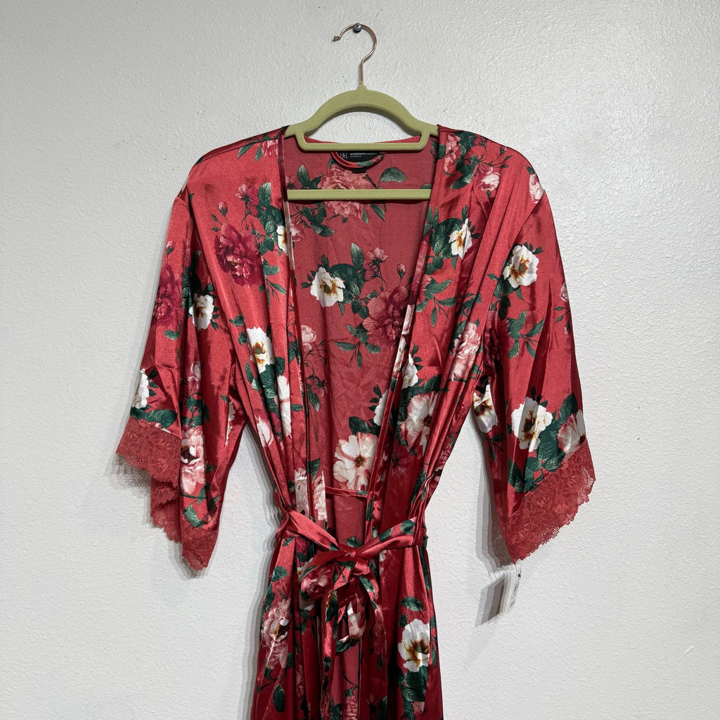 INC International Concepts Pink Floral Lace Trim Satin Robe Sz S NWT