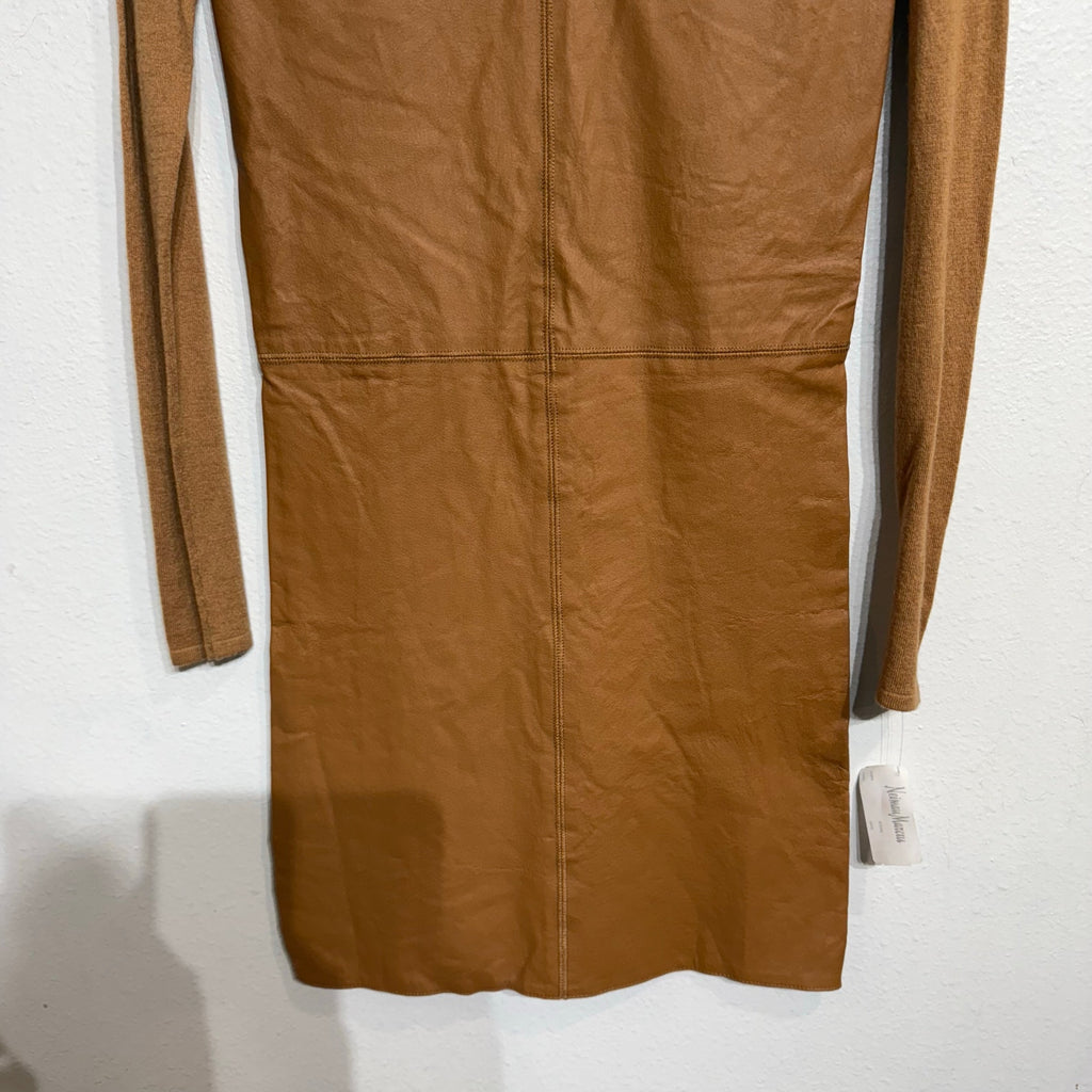 Neiman Marcus Camel Leather Front Knit Long Sleeve Dress Sz XS NWT