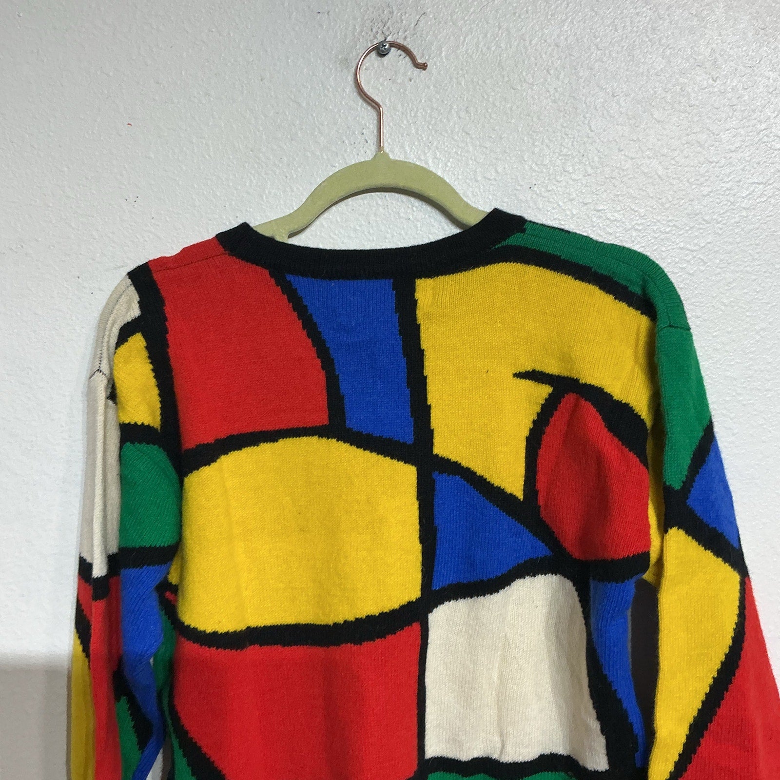 Adrienne Vittadini White Multicolor Geometric Abstract Knit Sweater Sz S NWT