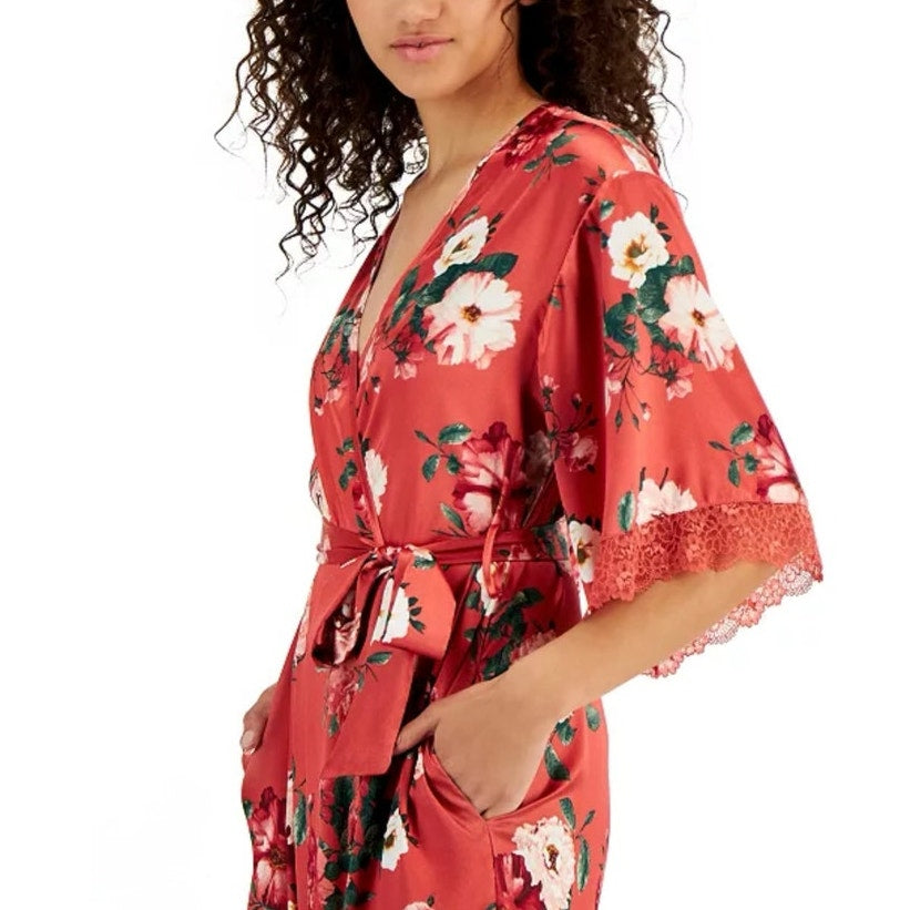INC International Concepts Pink Floral Lace Trim Satin Robe Sz S NWT