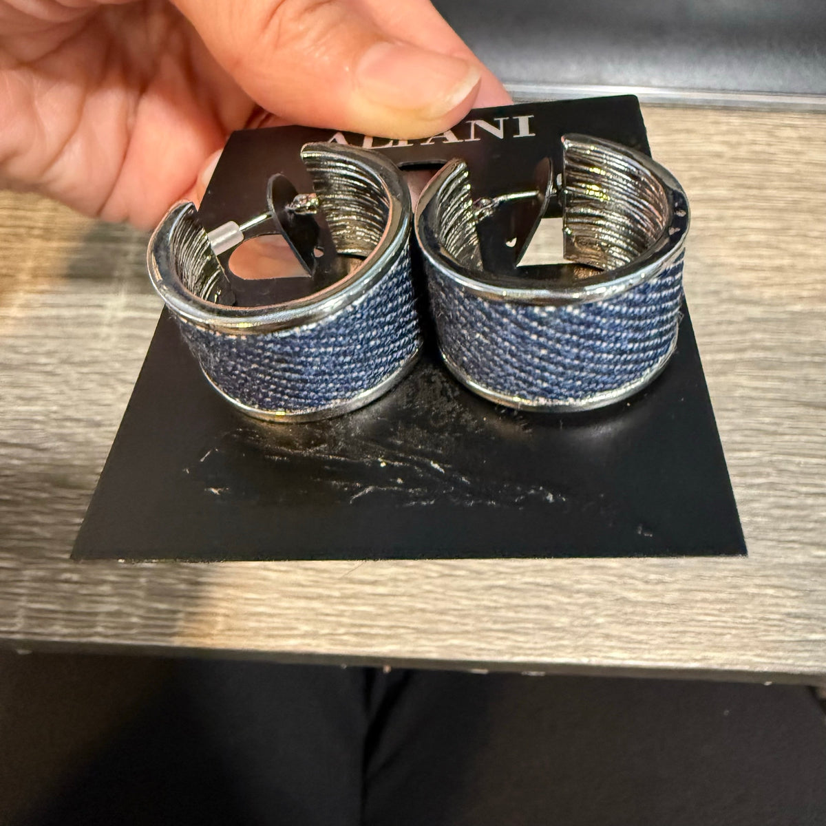 Alfani Silver Tone Denim Wrapped Wrangler Hoop Earrings NWT