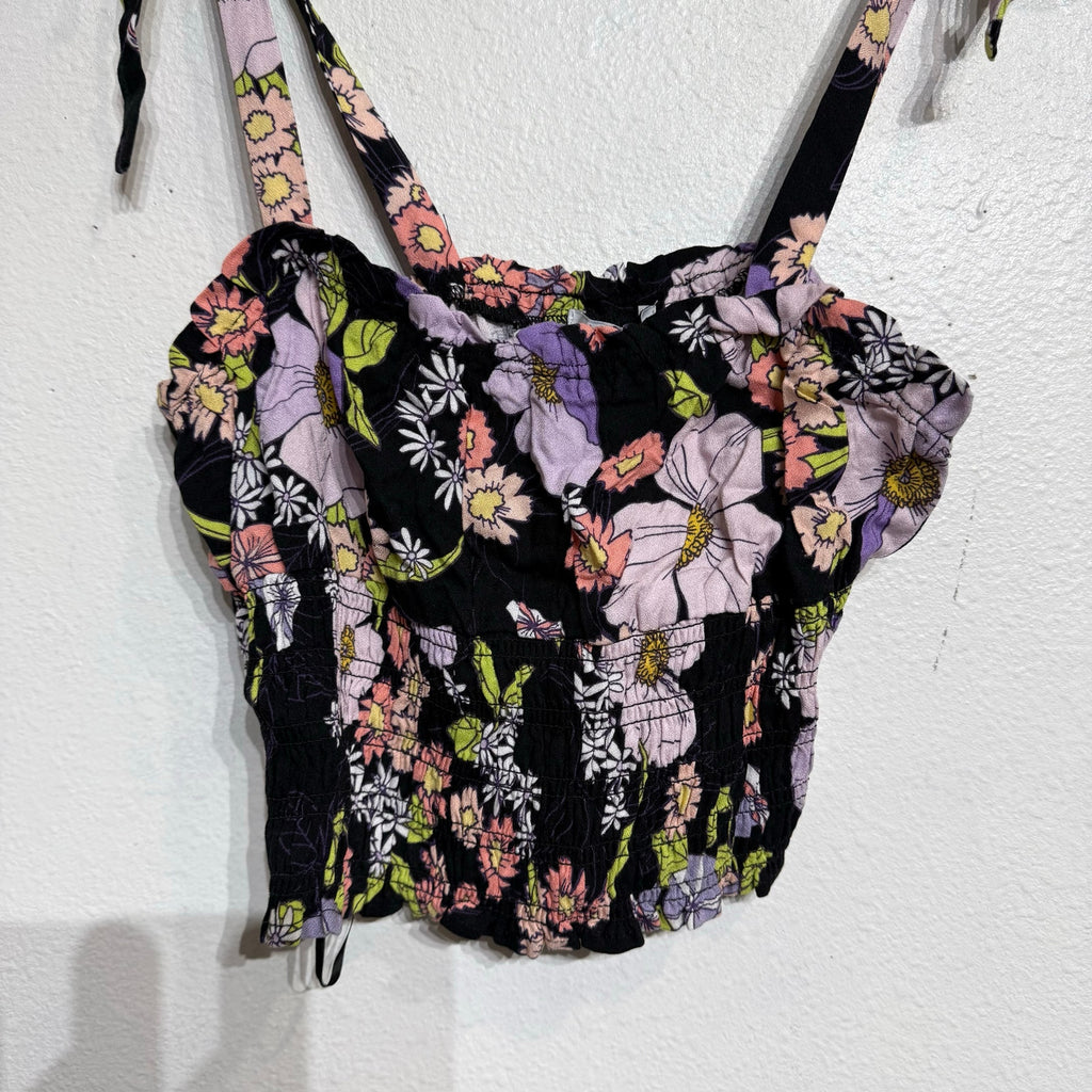AFRM Black Floral Stein Smocked Crop Top Sz M NWT